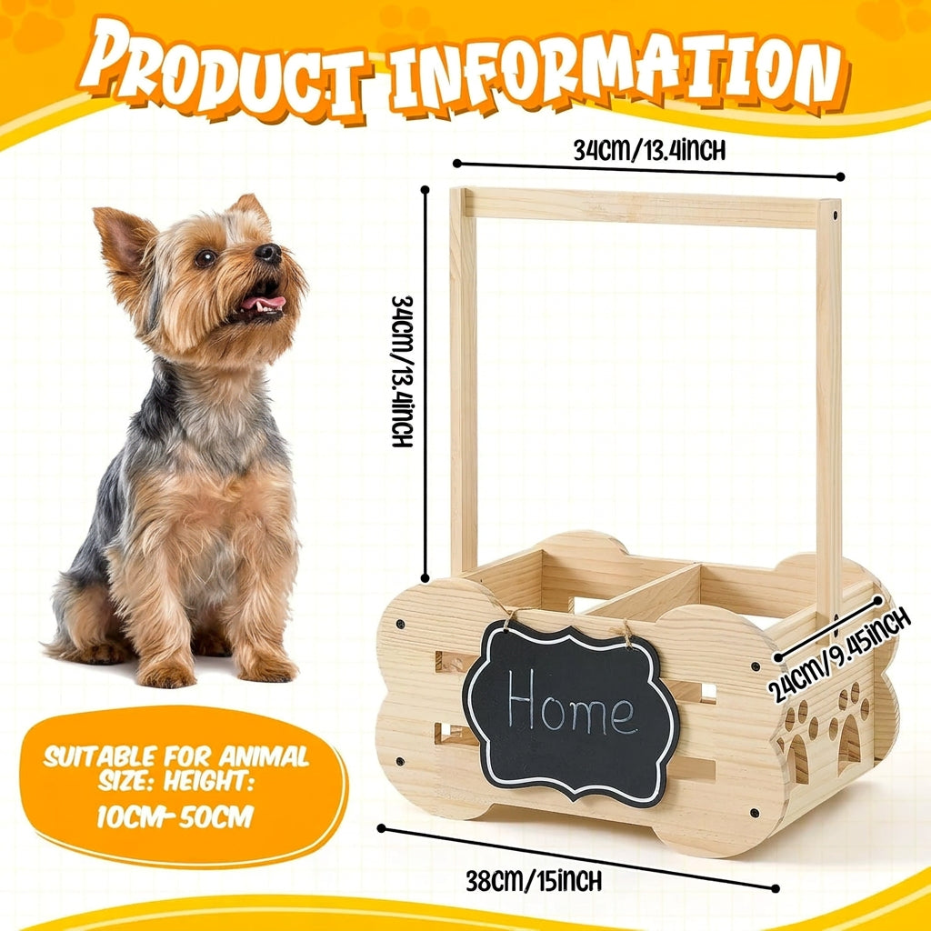 Wooden pet carrier with dimensions and a dog next to it on a white background