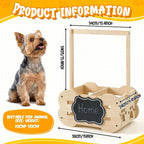 Wooden pet carrier with dimensions and a dog next to it on a white background