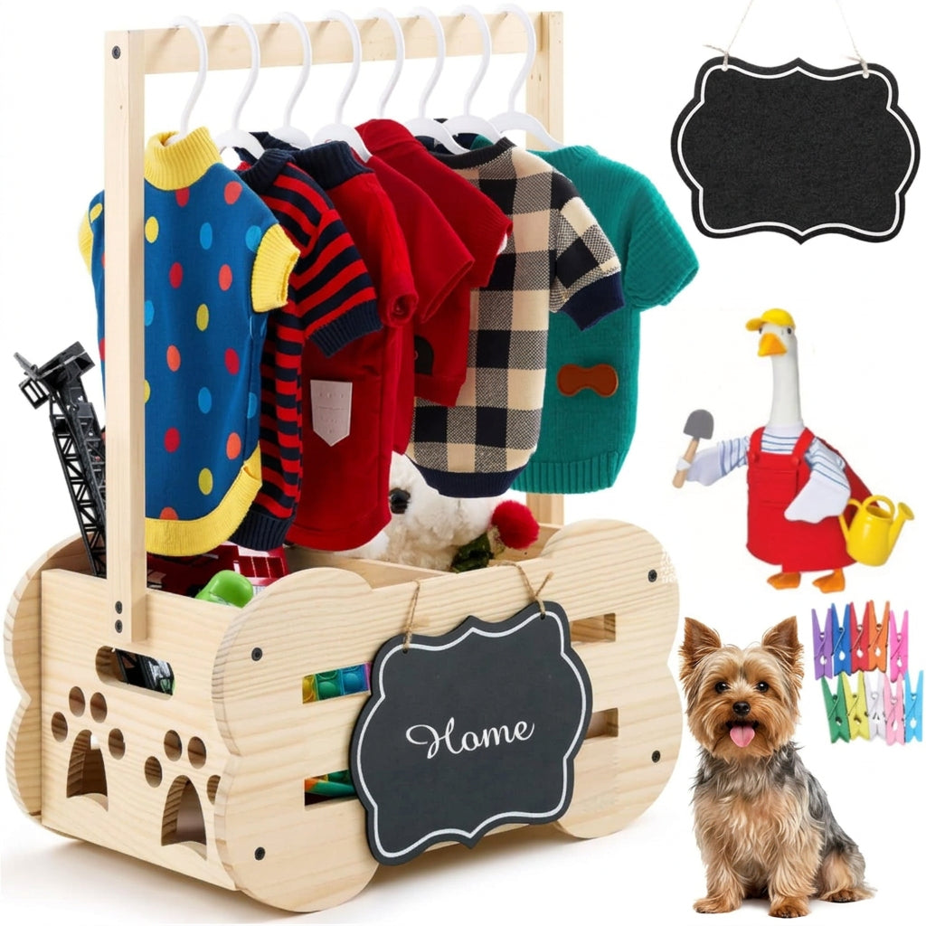 Wooden toy wardrobe with clothes and a dog sitting next to it