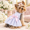 A sleeveless baby dress with pastel vertical stripes in light blue, pink, and white, featuring a large pink satin bow at the waist. The dress is laid flat on a gray background with decorative props including a small chalkboard, sponge, and white daisies.