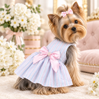 A sleeveless baby dress with pastel vertical stripes in light blue, pink, and white, featuring a large pink satin bow at the waist. The dress is laid flat on a gray background with decorative props including a small chalkboard, sponge, and white daisies.