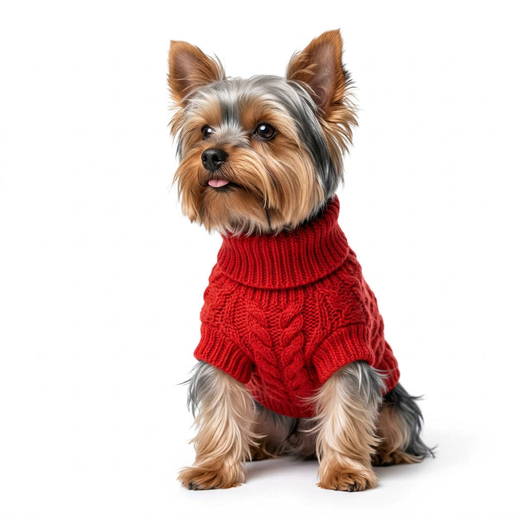 A small light tan dog wearing a bright red knit turtleneck sweater, sitting on a white surface with a soft, blurred indoor background.