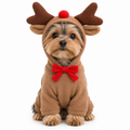 A collage showing a small white dog wearing a brown reindeer costume hoodie with floppy antlers, a red pom-pom nose, and a red bow at the neck. The collage also includes folded views of the costume and a close-up of the antler and head area.