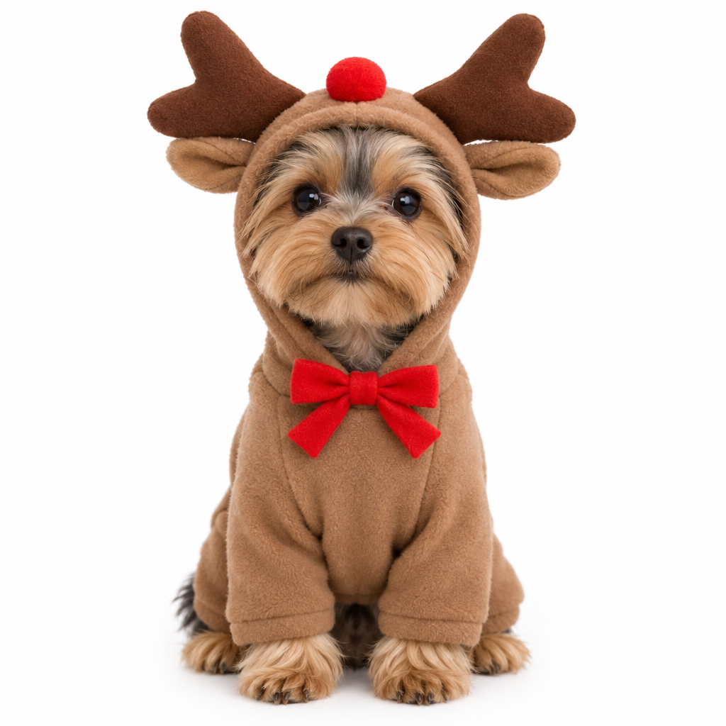 A collage showing a small white dog wearing a brown reindeer costume hoodie with floppy antlers, a red pom-pom nose, and a red bow at the neck. The collage also includes folded views of the costume and a close-up of the antler and head area.