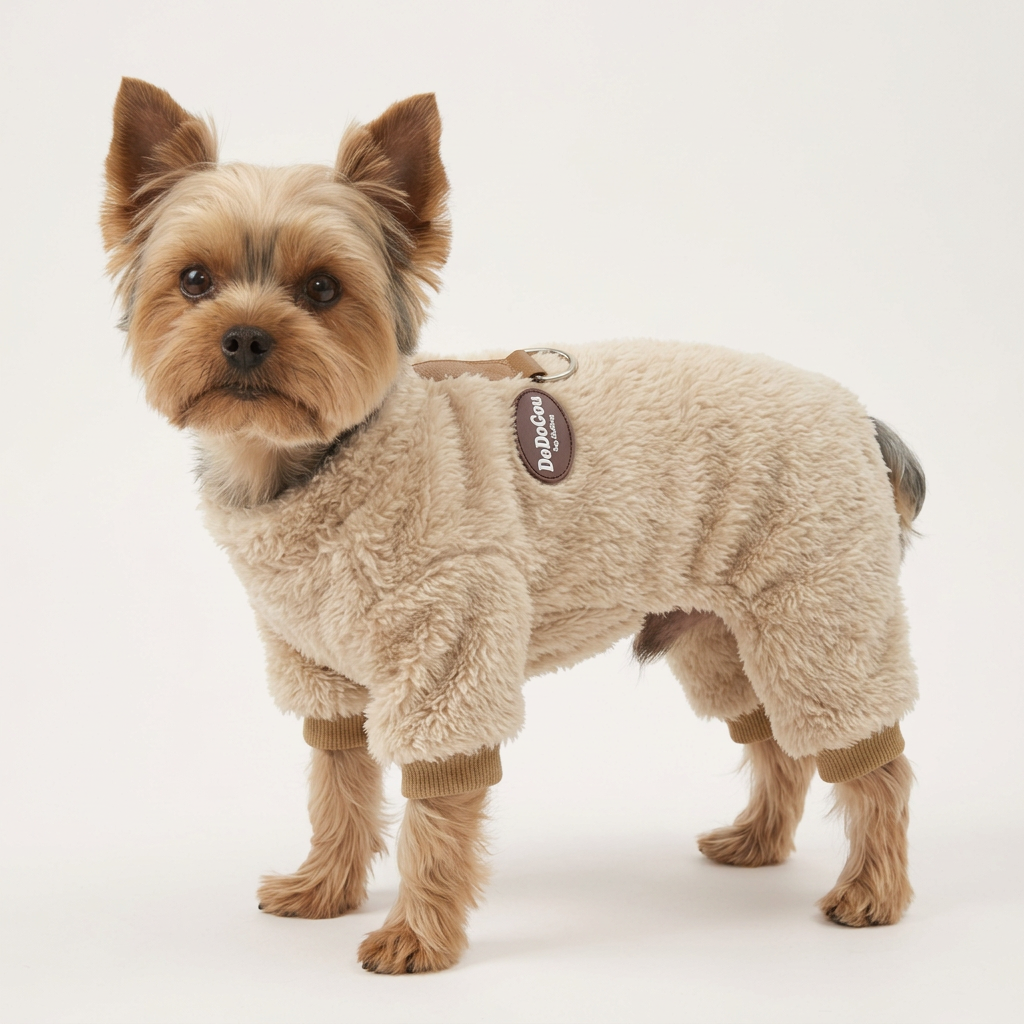 A small black and tan Yorkie wearing a fluffy cream-colored dog sweater with tan ribbed cuffs, photographed against a plain light gray studio background. A visible oval patch on the back reads 'Dulipet Co'.
