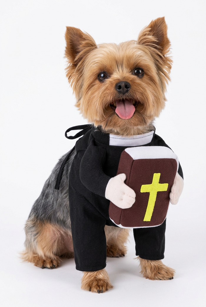 A small dog wearing a black robe costume and holding a brown book with a yellow cross, photographed on a plain white background.