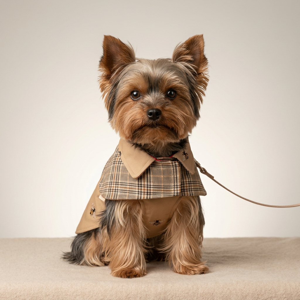 A small white dog wearing a beige pet coat with a plaid collar, sitting on a stone ledge next to a wooden post.