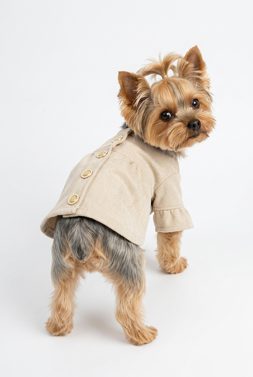 A small white dog wearing a beige pet coat with decorative gold buttons, shown from behind against a soft white background.