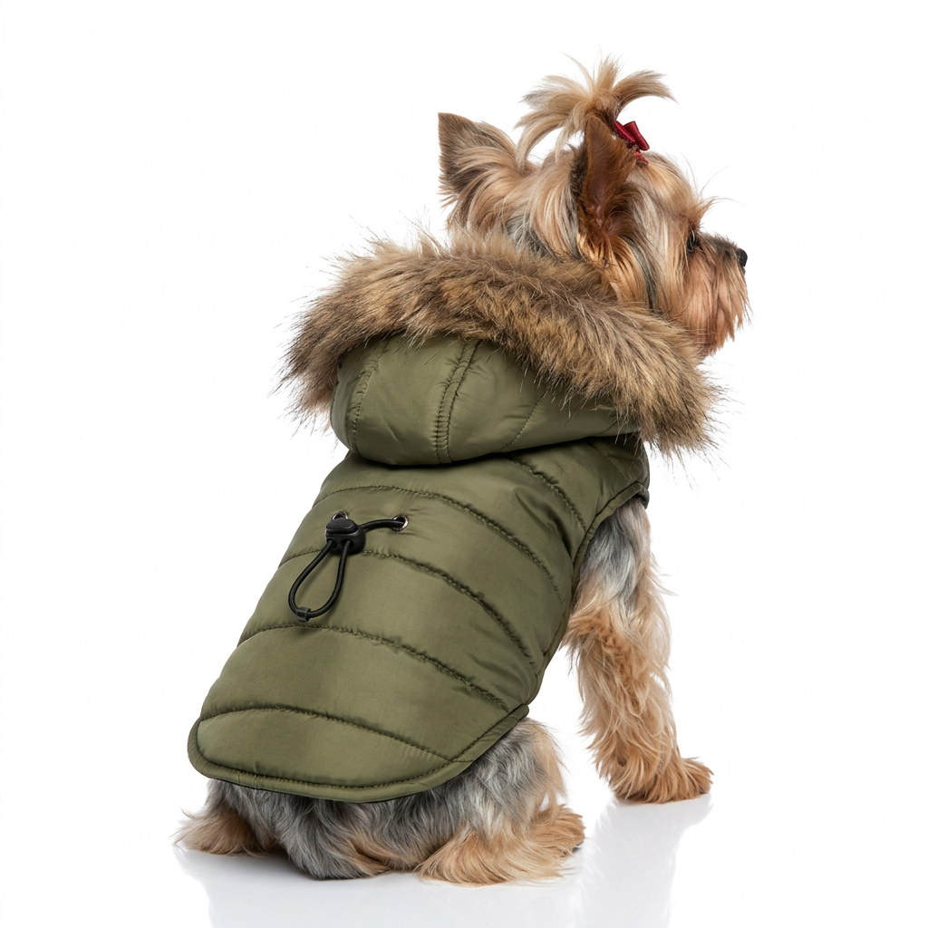 A pet winter coat displayed on a small plush dog toy, featuring an olive green body, a fluffy light beige faux-fur collar, and brown shaggy trim on the hood and cuffs, set against a woven mat and floral background.