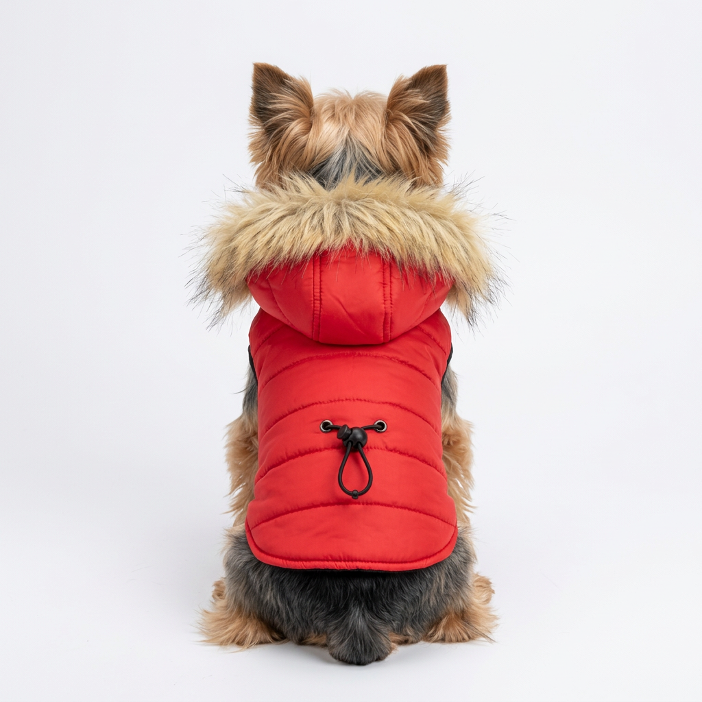 A small brown dog wearing a bright red winter coat with a fluffy tan and cream faux-fur hood, posed on a woven straw mat with flowers and small decorative props around it.
