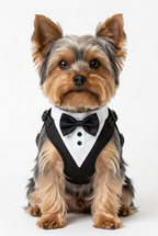 A small tan Yorkie dog wearing a black and white tuxedo harness costume, featuring a white collar with black buttons and a black bow tie, set against a plain white background.