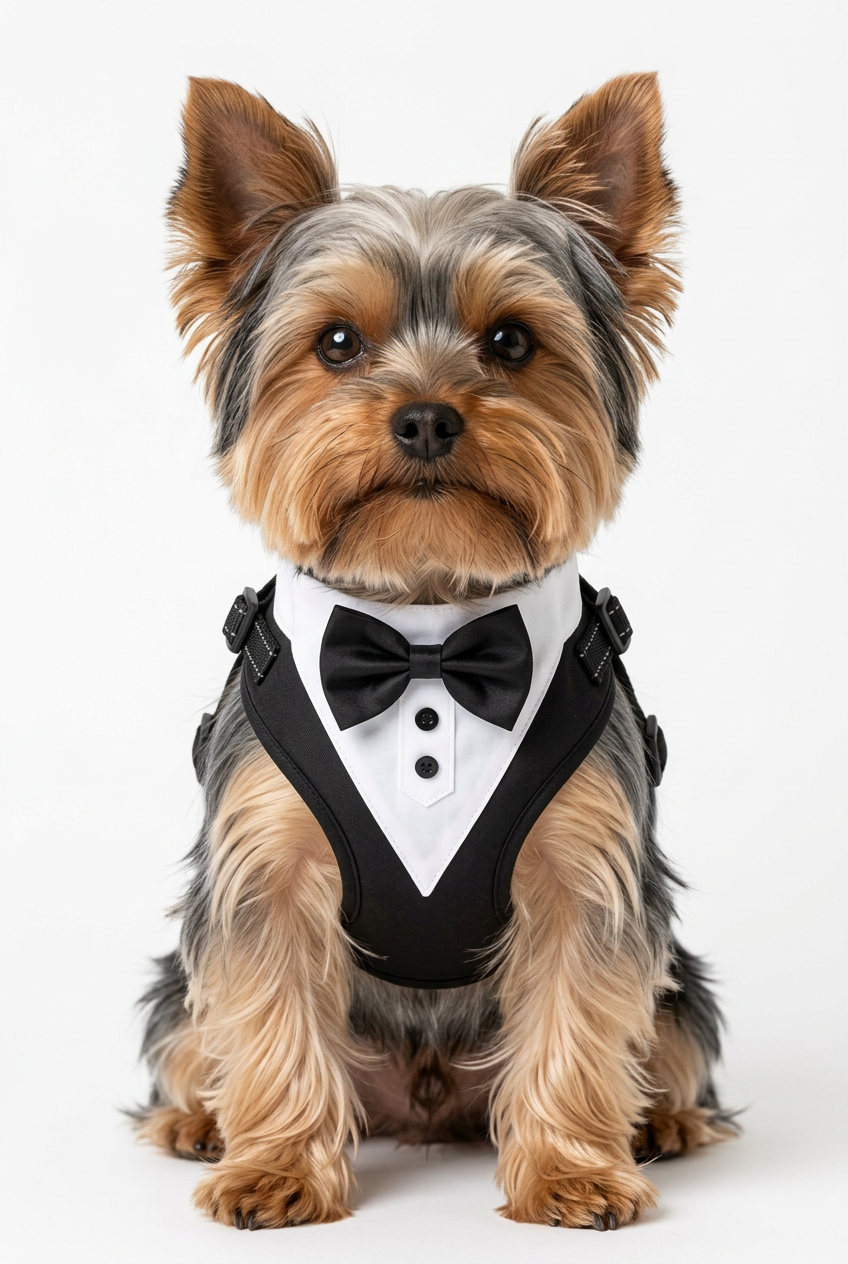 A small tan Yorkie dog wearing a black and white tuxedo harness costume, featuring a white collar with black buttons and a black bow tie, set against a plain white background.
