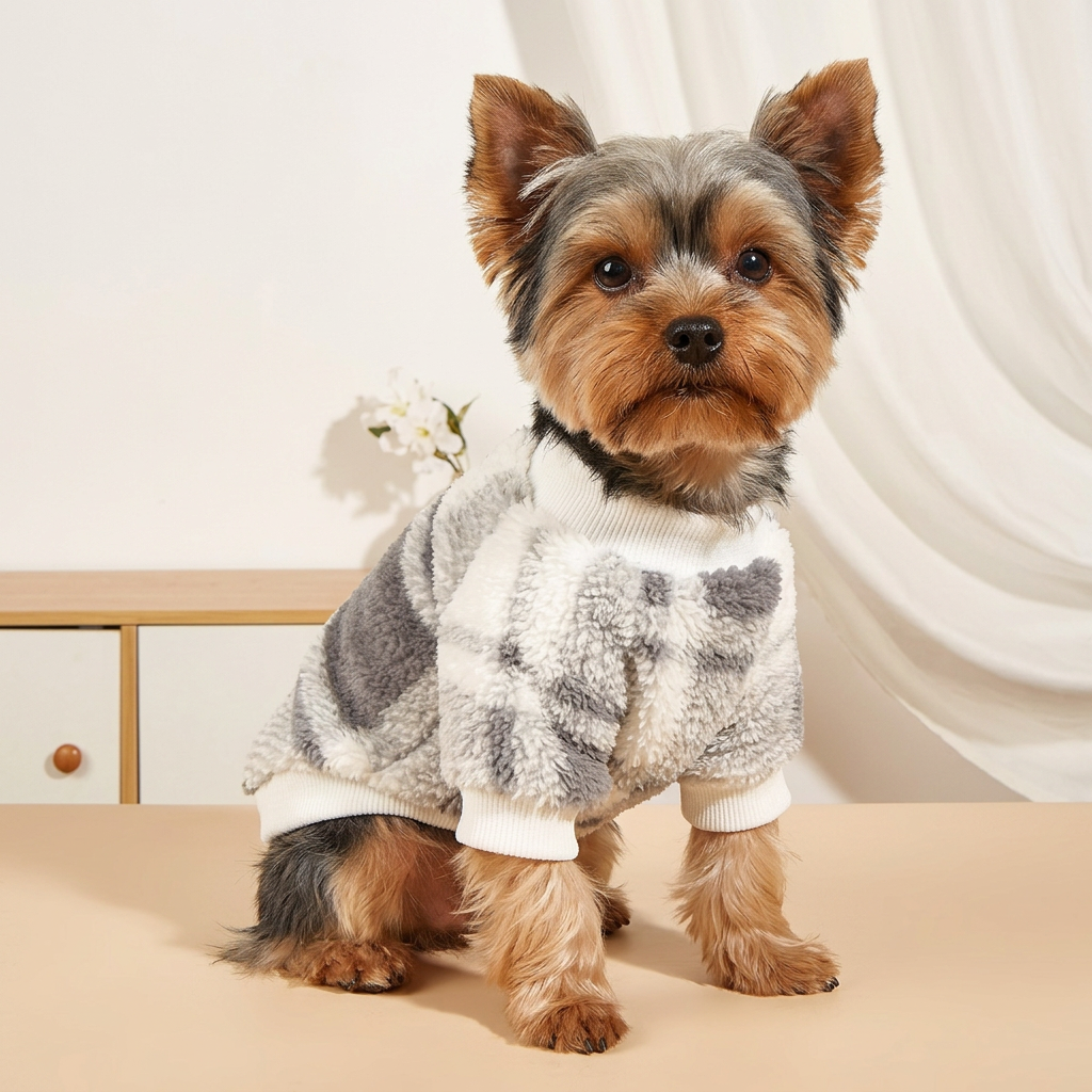 A small fluffy brown dog wearing a soft fuzzy sweater with a gray, white, and beige plaid pattern and white ribbed trim, posed indoors against a light neutral background.