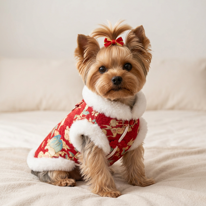 A red pet sweater vest with white faux fur trim, featuring a Chinese-style brocade pattern with rabbits, flowers, and clouds, displayed on a wooden table.
