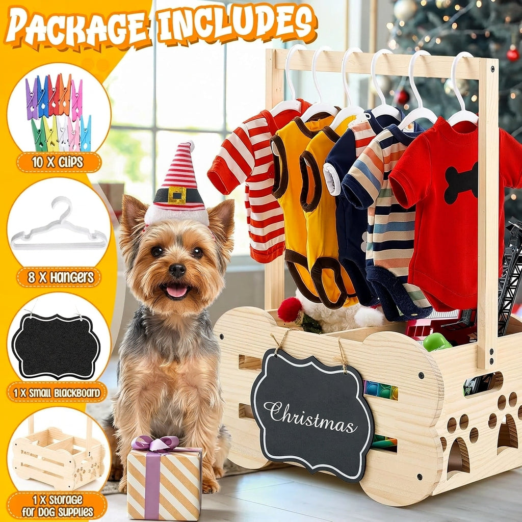 Dog with festive hat and dog clothes, Christmas-themed display with dog supplies.