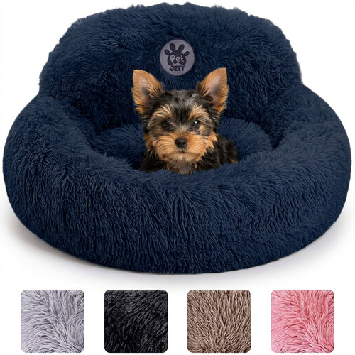 Dog lying on a fluffy blue pet bed with color swatches below.