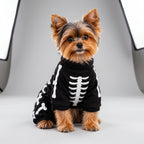 A small dog wearing a black skeleton-print pet sweater stands next to a flat lay of the same sweater on a white background.
